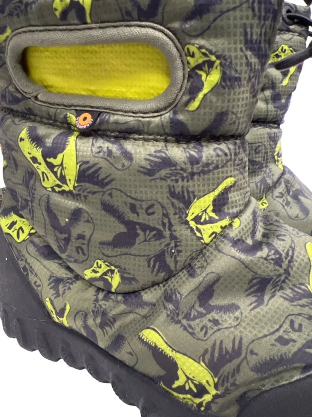 Bogs MOC Snow Boots Dino Dinosaur Youth Size 3 Pull On Green Black Faux Fur NEW